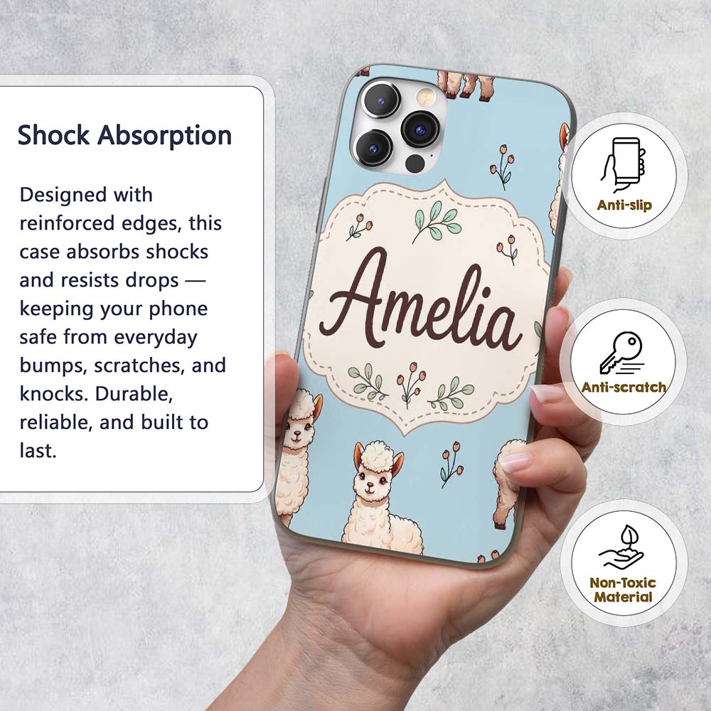Cute Alpaca Llama Farm Animals Floral Seamless Custom Name Protective Phone Case Mobile Cover Durable Everyday Smartphone Shock Resistant