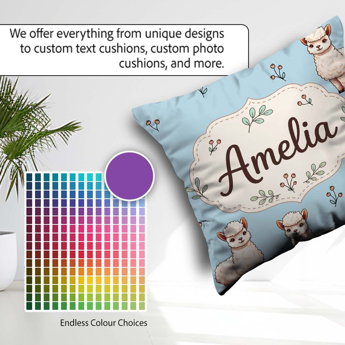 Custom Name Cute Alpaca Llama Farm Animals Seamless Pattern Blue Square Filled Cushion Throw Pillow Sofa Bed Home Decor Zip Washable UK Made
