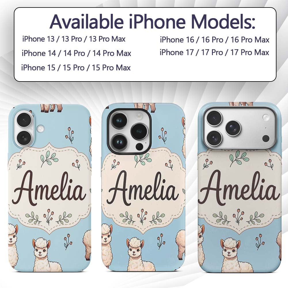 Cute Alpaca Llama Farm Animals Floral Seamless Custom Name Protective Phone Case Mobile Cover Durable Everyday Smartphone Shock Resistant