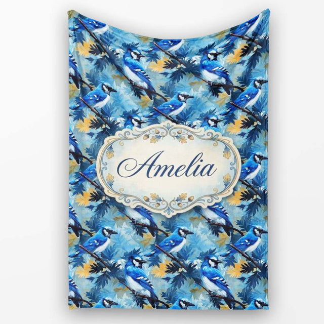 Blue Jay Bird Artistic Foliage Painterly Botanical Wildlife Design  Personalised Custom Name Super Soft Fleece Blanket Bed Sofa Throw