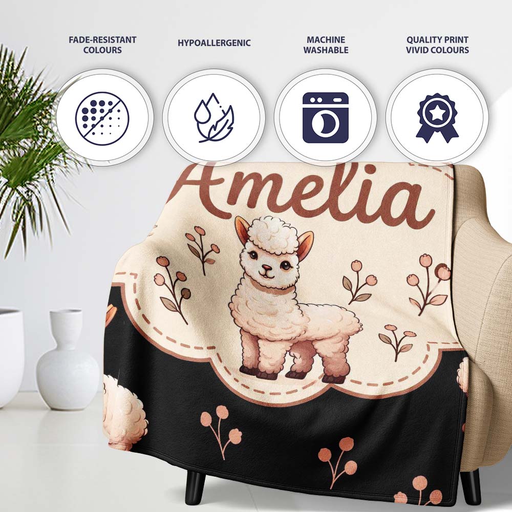 Cute Alpaca Llama Farm Animals Floral Seamless Pattern Black Lovely  Personalised Custom Name Super Soft Fleece Blanket Bed Sofa Throw