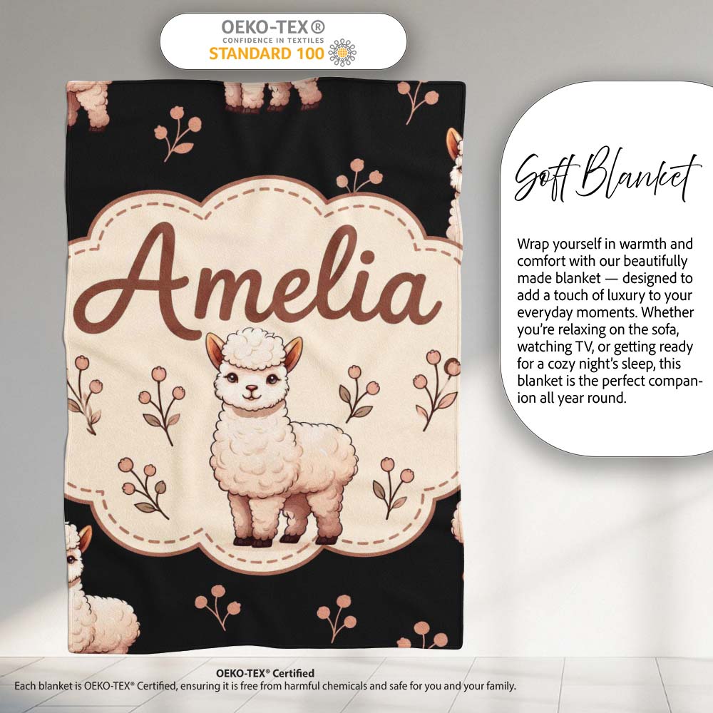 Cute Alpaca Llama Farm Animals Floral Seamless Pattern Black Lovely  Personalised Custom Name Super Soft Fleece Blanket Bed Sofa Throw