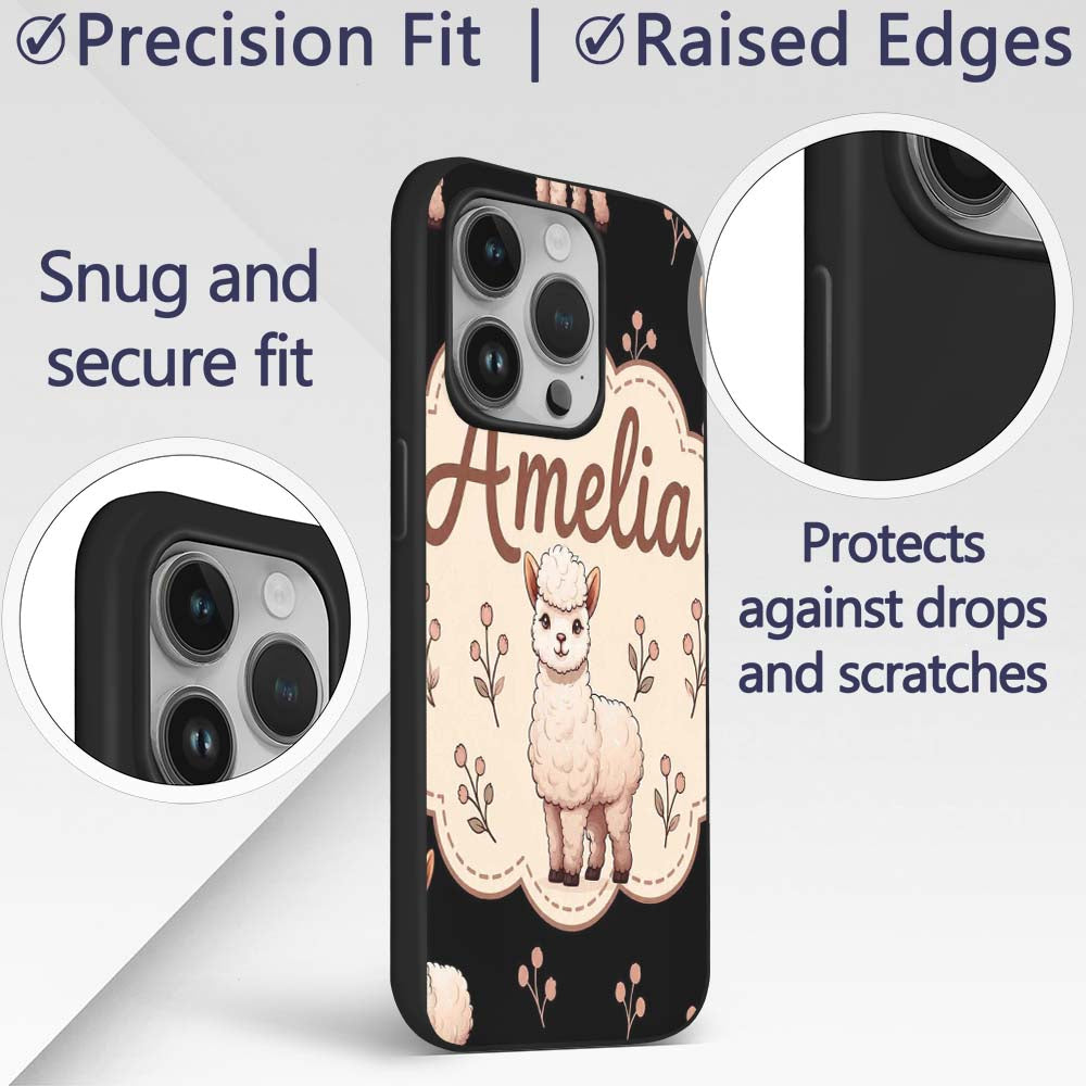 Cute Alpaca Llama Farm Animals Floral Seamless Custom Name Protective Phone Case Mobile Cover Durable Everyday Smartphone Shock Resistant