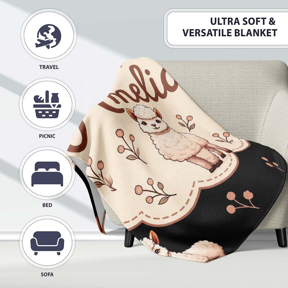 Cute Alpaca Llama Farm Animals Floral Seamless Pattern Black Lovely  Personalised Custom Name Super Soft Fleece Blanket Bed Sofa Throw