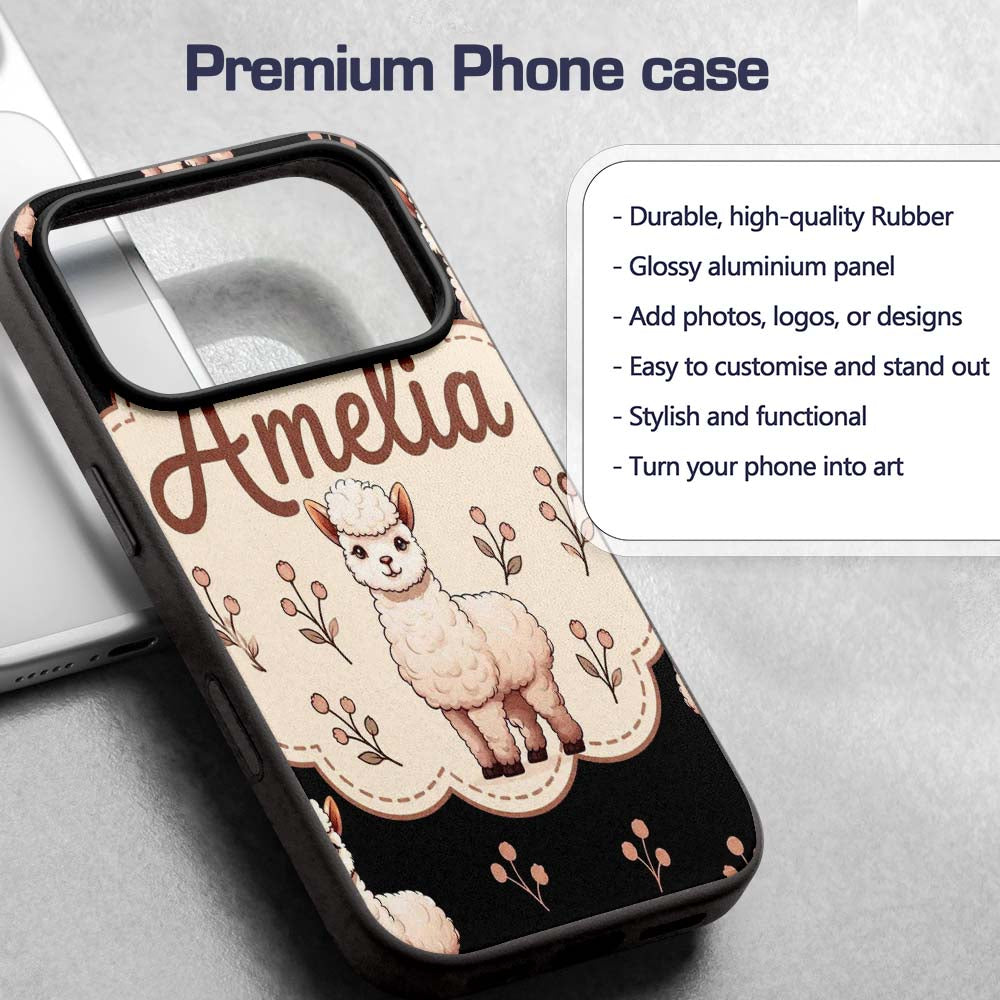 Cute Alpaca Llama Farm Animals Floral Seamless Custom Name Protective Phone Case Mobile Cover Durable Everyday Smartphone Shock Resistant