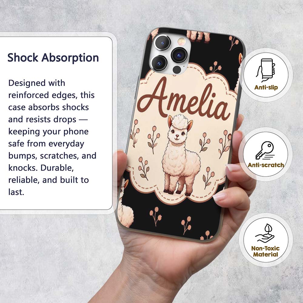 Cute Alpaca Llama Farm Animals Floral Seamless Custom Name Protective Phone Case Mobile Cover Durable Everyday Smartphone Shock Resistant