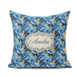 Custom Name Blue Jay Artistic Foliage Painterly Botanical Design Square Filled Cushion Throw Pillow Sofa Bed Home Decor Zip Washable UK Made