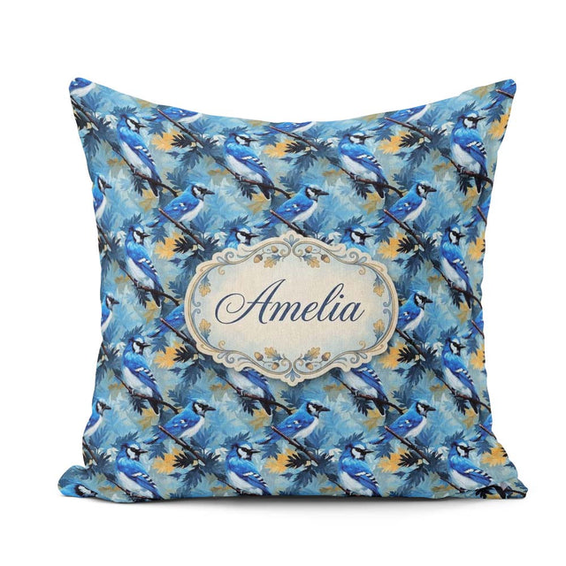 Custom Name Blue Jay Artistic Foliage Painterly Botanical Design Square Filled Cushion Throw Pillow Sofa Bed Home Decor Zip Washable UK Made