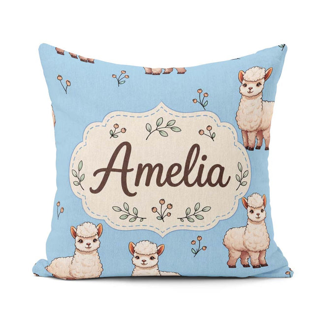 Custom Name Alpaca Farm Animals Floral Seamless Pattern Sky Blue Square Filled Cushion Throw Pillow Sofa Bed Home Decor Zip Washable UK Made