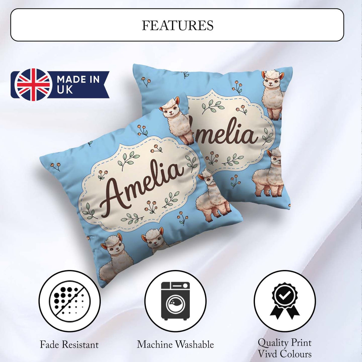 Custom Name Alpaca Farm Animals Floral Seamless Pattern Sky Blue Square Filled Cushion Throw Pillow Sofa Bed Home Decor Zip Washable UK Made