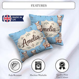 Custom Name Alpaca Farm Animals Floral Seamless Pattern Sky Blue Square Filled Cushion Throw Pillow Sofa Bed Home Decor Zip Washable UK Made