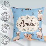 Custom Name Alpaca Farm Animals Floral Seamless Pattern Sky Blue Square Filled Cushion Throw Pillow Sofa Bed Home Decor Zip Washable UK Made