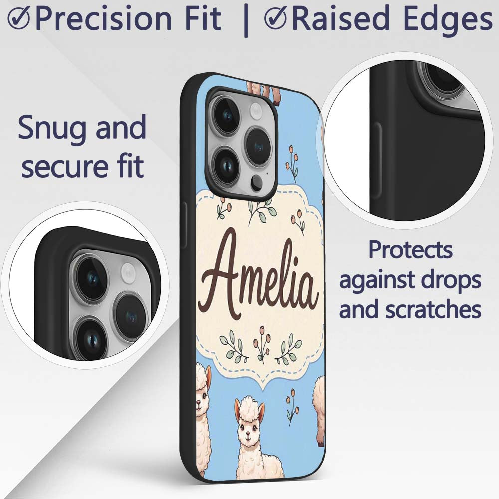 Cute Alpaca Llama Farm Animals Floral Seamless Custom Name Protective Phone Case Mobile Cover Durable Everyday Smartphone Shock Resistant