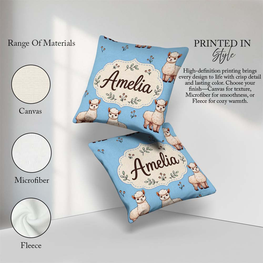 Custom Name Alpaca Farm Animals Floral Seamless Pattern Sky Blue Square Filled Cushion Throw Pillow Sofa Bed Home Decor Zip Washable UK Made