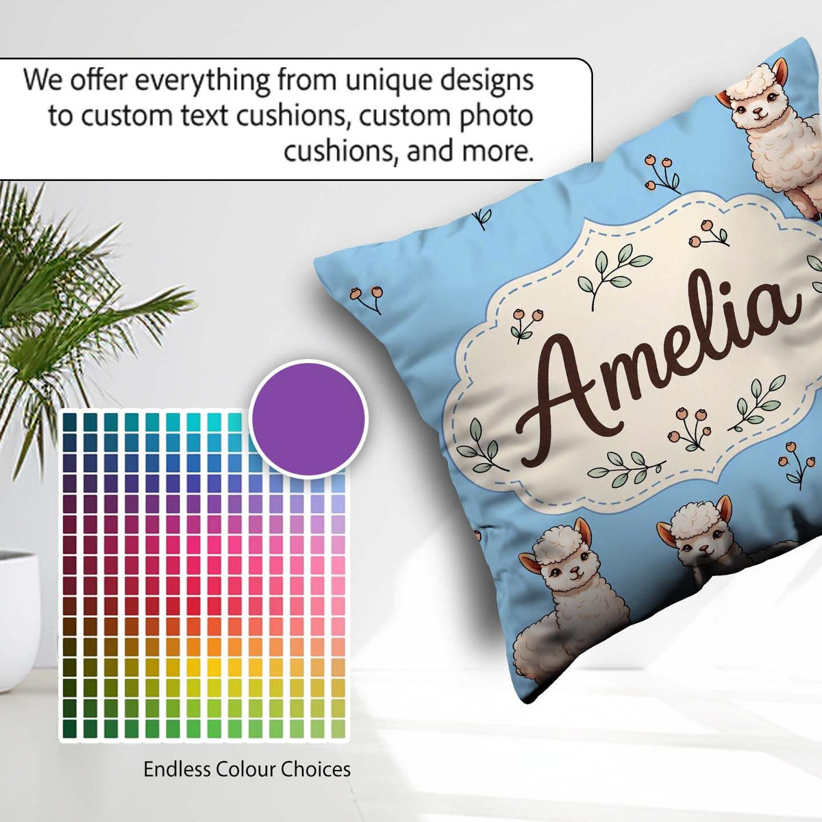 Custom Name Alpaca Farm Animals Floral Seamless Pattern Sky Blue Square Filled Cushion Throw Pillow Sofa Bed Home Decor Zip Washable UK Made