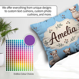 Custom Name Alpaca Farm Animals Floral Seamless Pattern Sky Blue Square Filled Cushion Throw Pillow Sofa Bed Home Decor Zip Washable UK Made