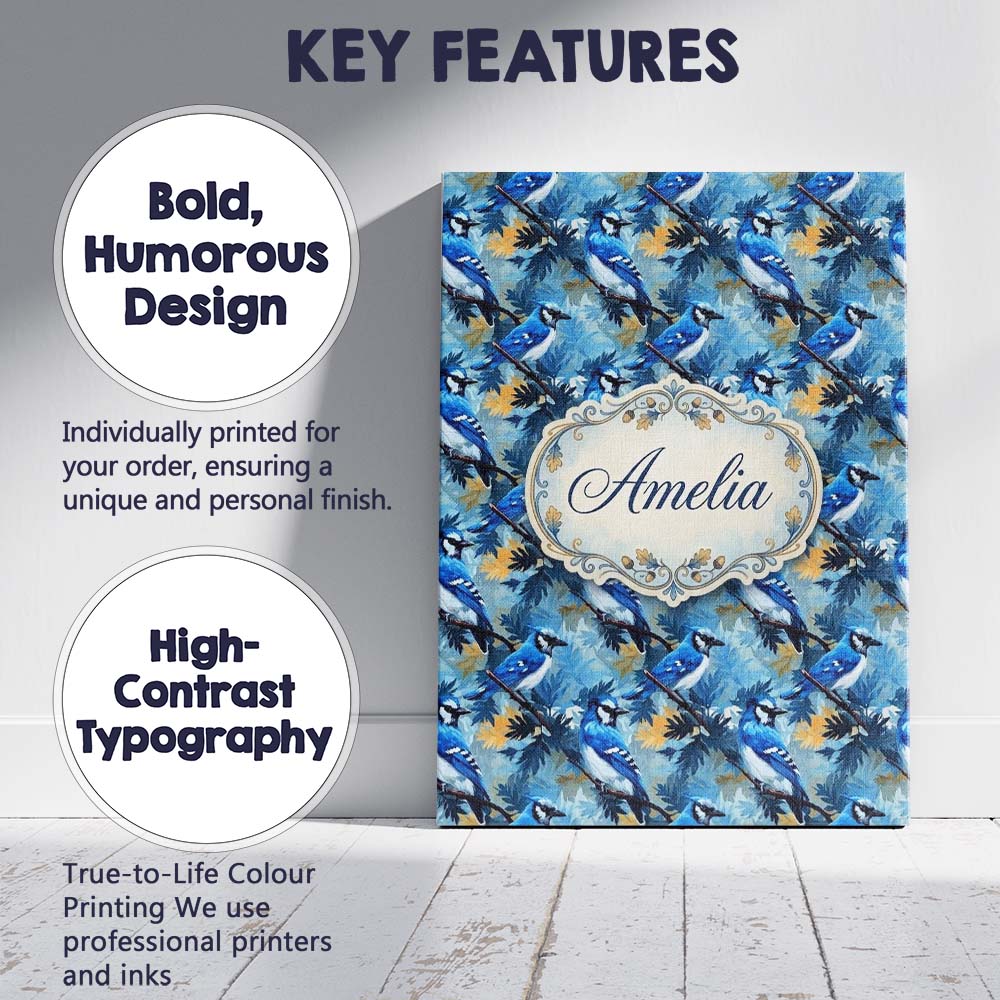 Personalised Name Blue Jay Bird Artistic Foliage Painterly Botanical Custom  Home Canvas Wall Art Print Decor Picture Ready to Hang