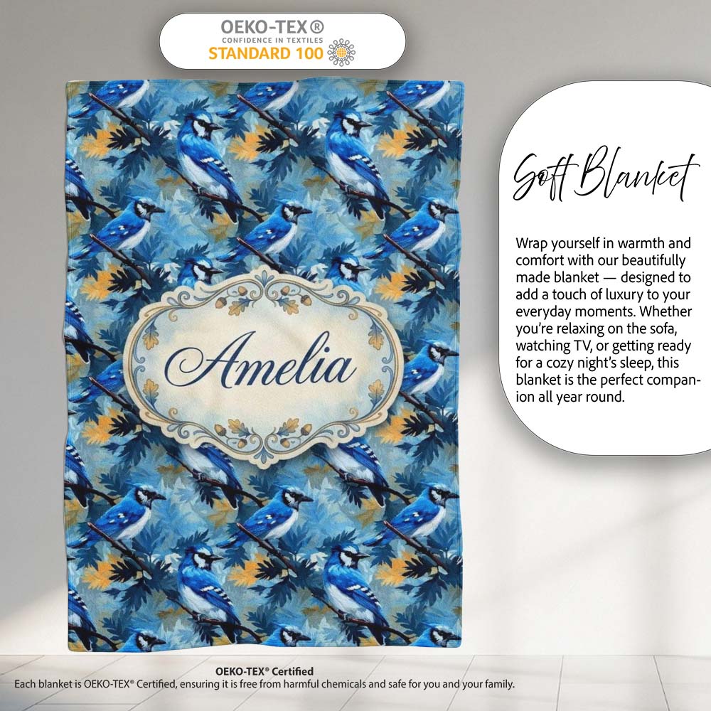 Blue Jay Bird Artistic Foliage Painterly Botanical Wildlife Design  Personalised Custom Name Super Soft Fleece Blanket Bed Sofa Throw