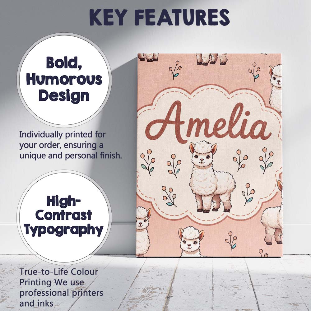 Personalised Name Cute Alpaca Llama Farm Custom  Unique Gift Idea Elegant Feature Canvas Wall Art Print Decor Picture Ready to Hang