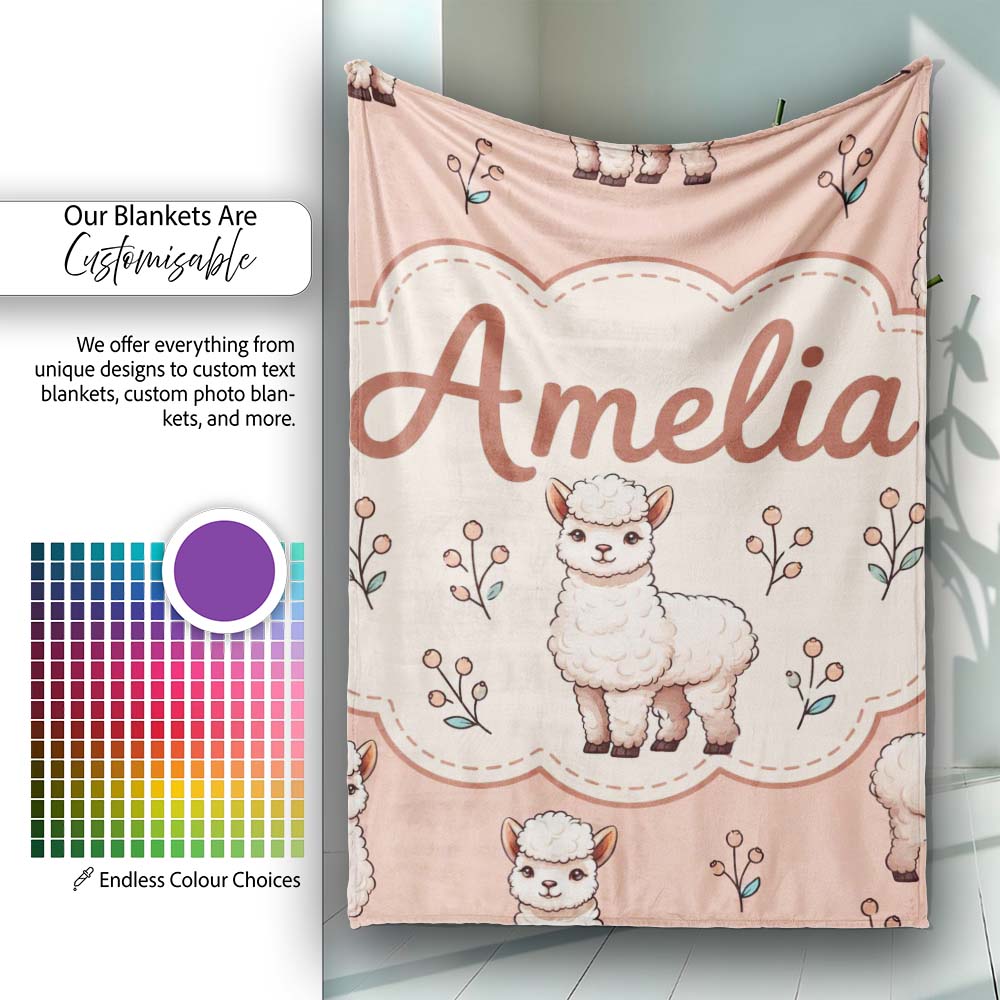 Cute Alpaca Llama Farm Animals Floral Seamless Pattern Peach Lovely  Personalised Custom Name Super Soft Fleece Blanket Bed Sofa Throw