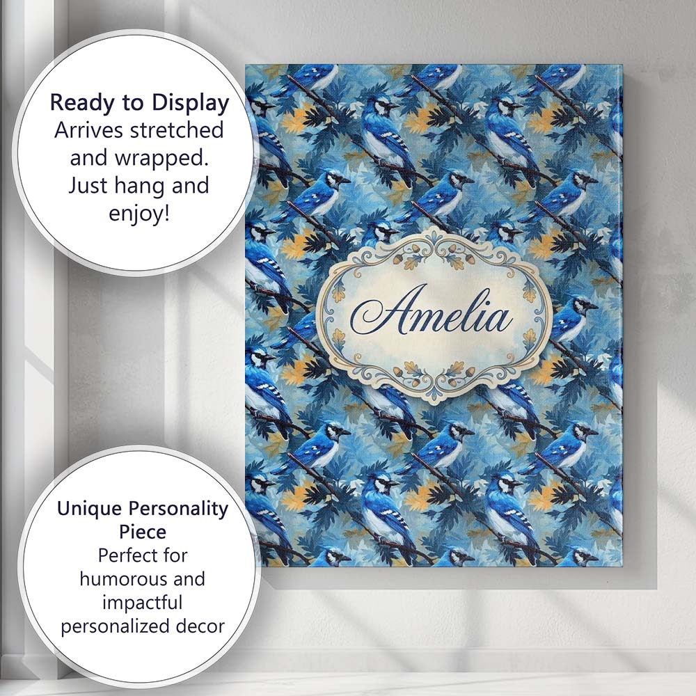 Personalised Name Blue Jay Bird Artistic Foliage Painterly Botanical Custom  Home Canvas Wall Art Print Decor Picture Ready to Hang
