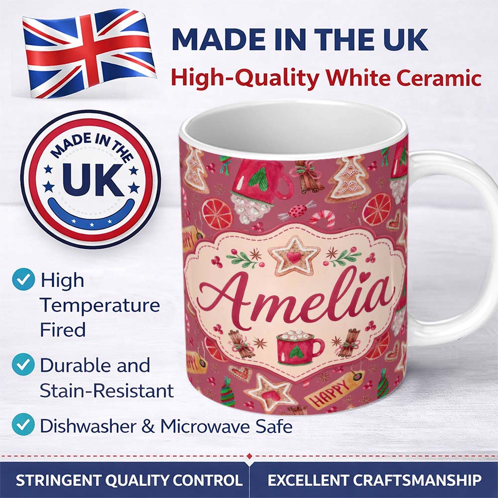 Personalized Custom Name Festive Christmas Mug Candy Cookie Orange Seamless Pattern Lovely 11oz Ceramic Coffee Tea Mug White Large Handle