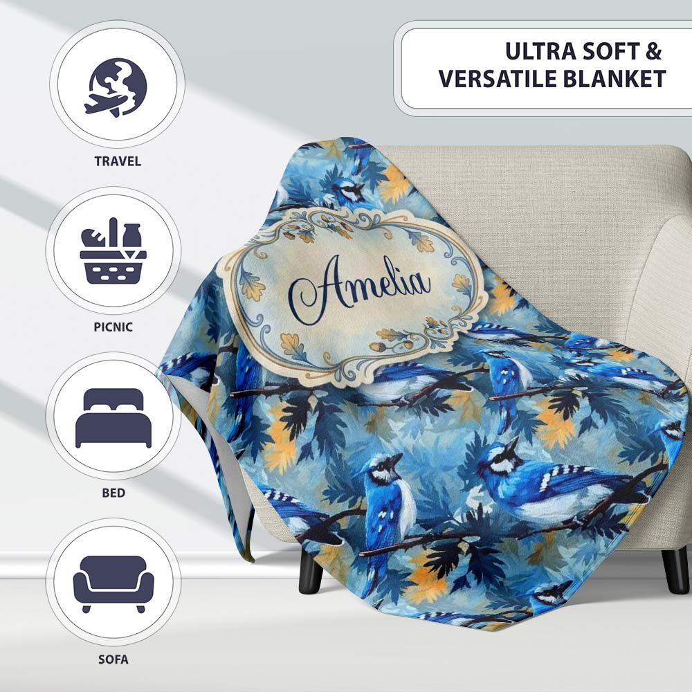 Blue Jay Bird Artistic Foliage Painterly Botanical Wildlife Design  Personalised Custom Name Super Soft Fleece Blanket Bed Sofa Throw