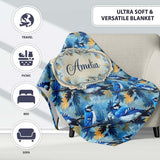 Blue Jay Bird Artistic Foliage Painterly Botanical Wildlife Design  Personalised Custom Name Super Soft Fleece Blanket Bed Sofa Throw