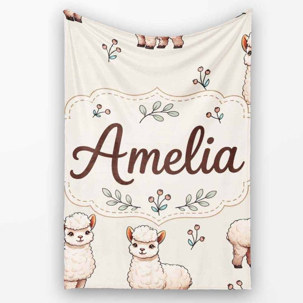 Cute Alpaca Llama Farm Animals Floral Seamless Pattern Cream Lovely  Personalised Custom Name Super Soft Fleece Blanket Bed Sofa Throw