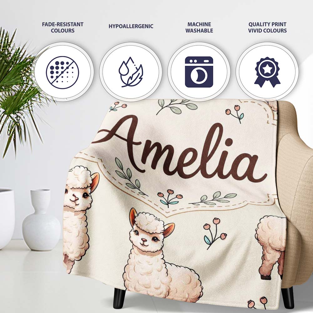 Cute Alpaca Llama Farm Animals Floral Seamless Pattern Cream Lovely  Personalised Custom Name Super Soft Fleece Blanket Bed Sofa Throw