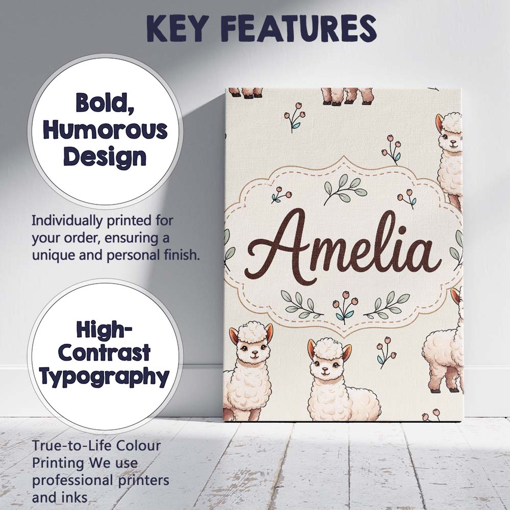 Personalised Name Cute Alpaca Llama Farm Custom  Unique Gift Idea Elegant Feature Canvas Wall Art Print Decor Picture Ready to Hang