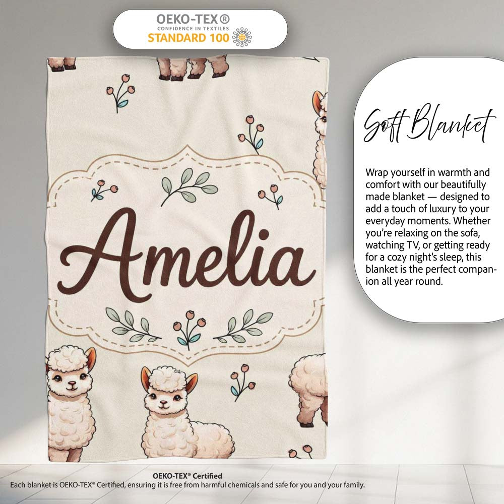 Cute Alpaca Llama Farm Animals Floral Seamless Pattern Cream Lovely  Personalised Custom Name Super Soft Fleece Blanket Bed Sofa Throw