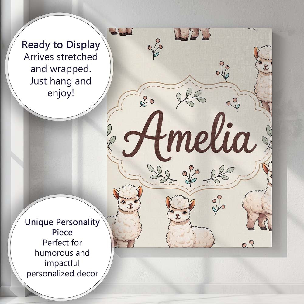 Personalised Name Cute Alpaca Llama Farm Custom  Unique Gift Idea Elegant Feature Canvas Wall Art Print Decor Picture Ready to Hang