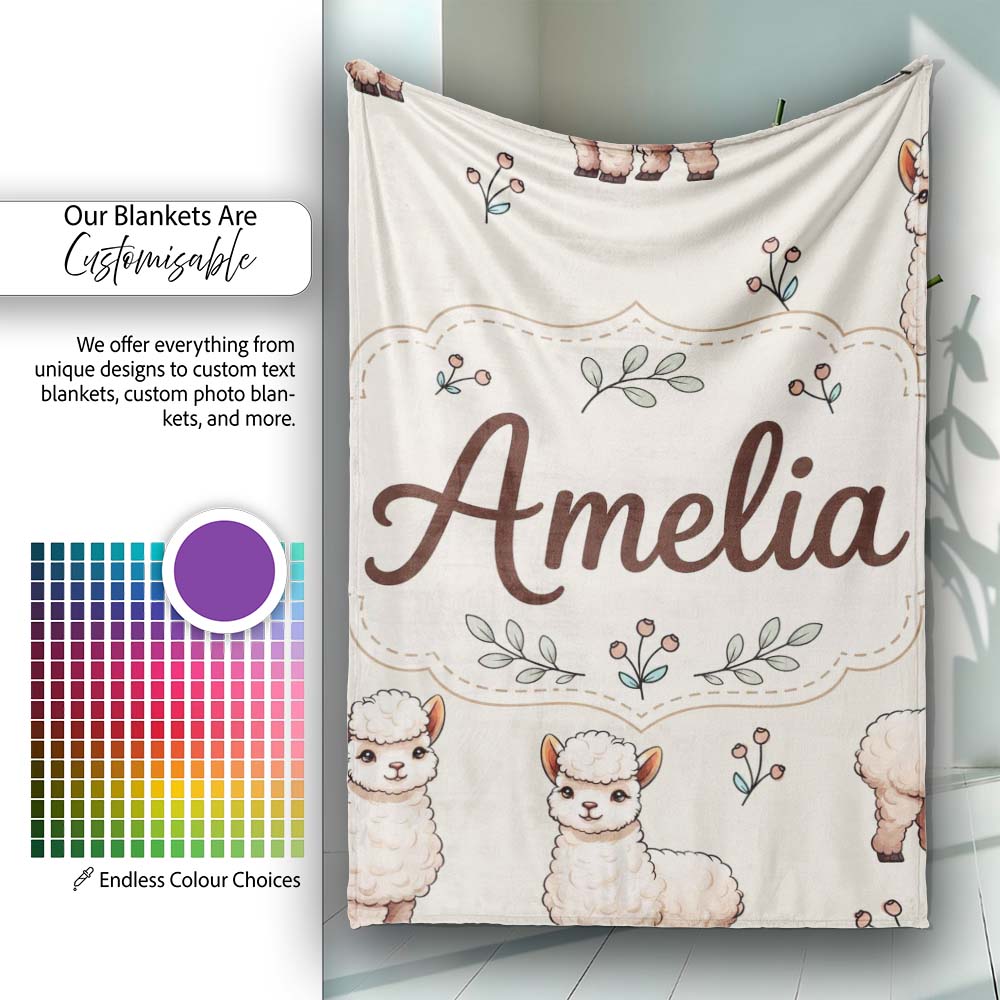Cute Alpaca Llama Farm Animals Floral Seamless Pattern Cream Lovely  Personalised Custom Name Super Soft Fleece Blanket Bed Sofa Throw