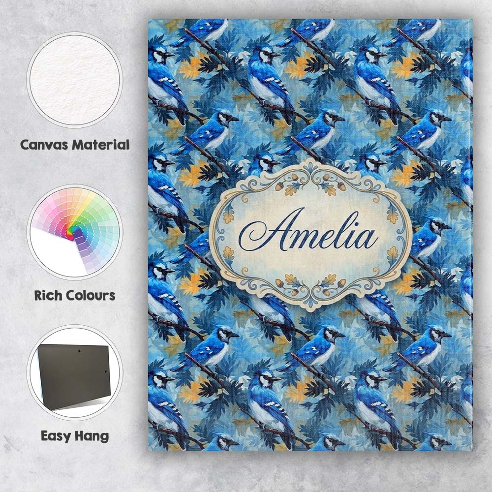 Personalised Name Blue Jay Bird Artistic Foliage Painterly Botanical Custom  Home Canvas Wall Art Print Decor Picture Ready to Hang