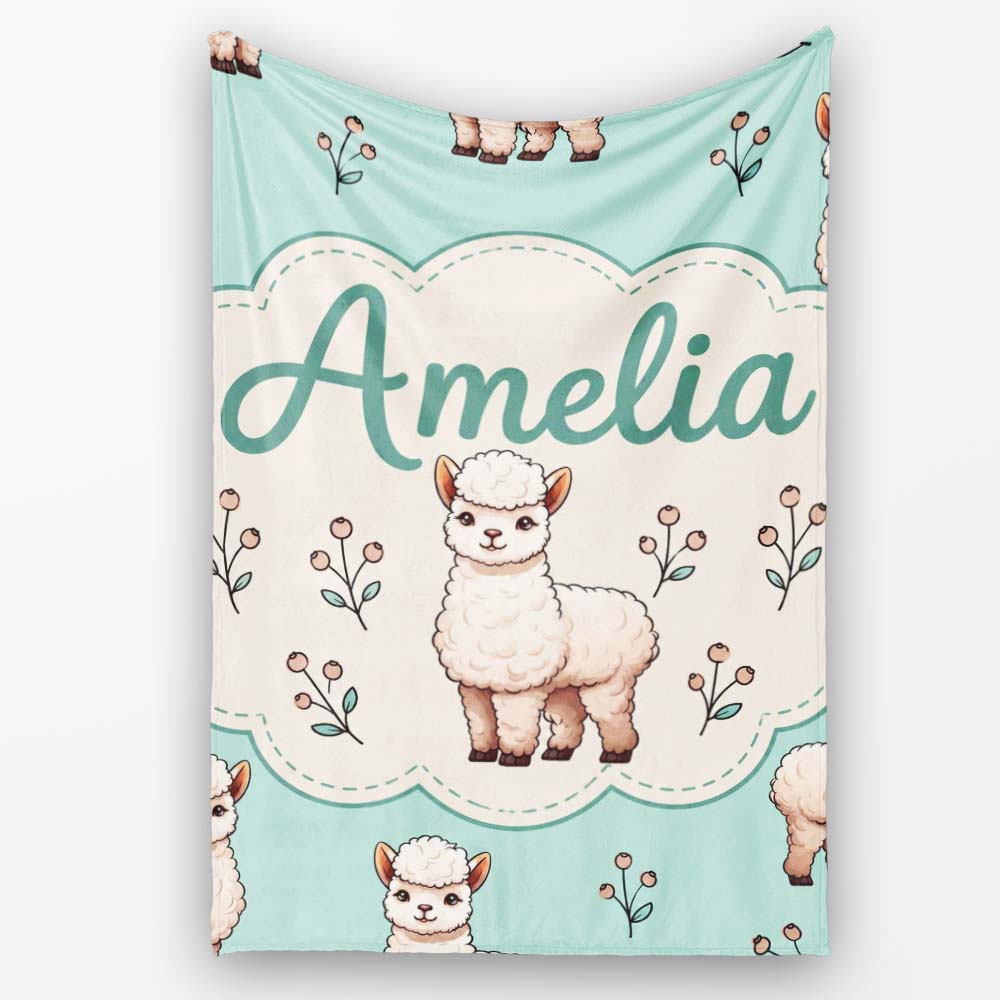 Cute Alpaca Llama Farm Animals Floral Seamless Pattern Mint Green  Personalised Custom Name Super Soft Fleece Blanket Bed Sofa Throw