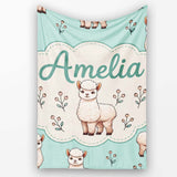Cute Alpaca Llama Farm Animals Floral Seamless Pattern Mint Green  Personalised Custom Name Super Soft Fleece Blanket Bed Sofa Throw
