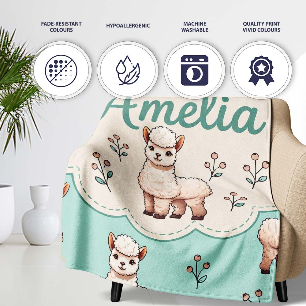 Cute Alpaca Llama Farm Animals Floral Seamless Pattern Mint Green  Personalised Custom Name Super Soft Fleece Blanket Bed Sofa Throw