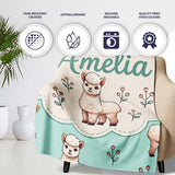 Cute Alpaca Llama Farm Animals Floral Seamless Pattern Mint Green  Personalised Custom Name Super Soft Fleece Blanket Bed Sofa Throw