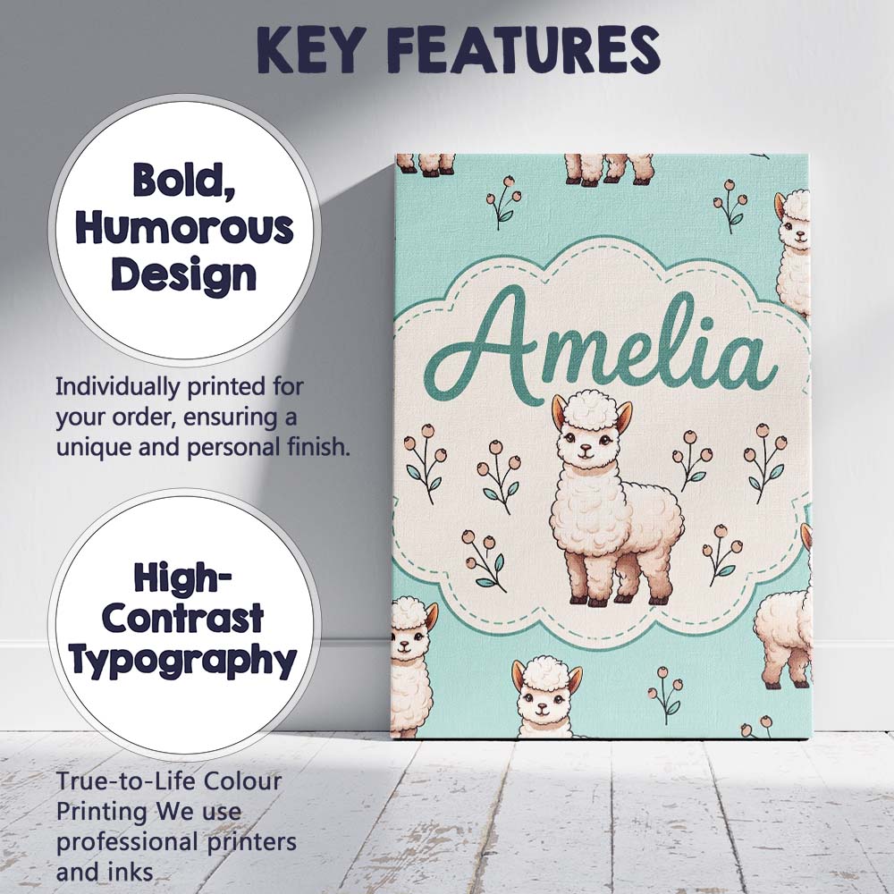 Personalised Name Cute Alpaca Llama Farm Custom  Unique Gift Idea Elegant Feature Canvas Wall Art Print Decor Picture Ready to Hang
