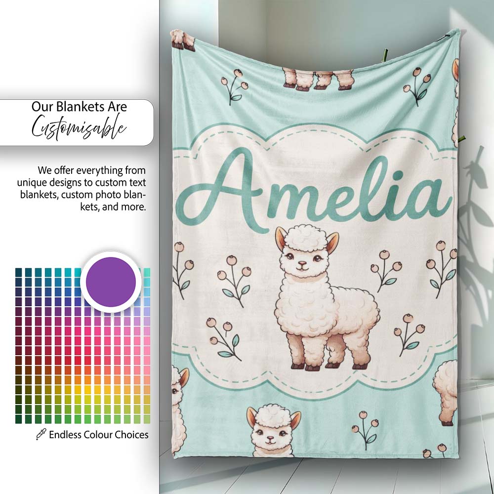 Cute Alpaca Llama Farm Animals Floral Seamless Pattern Mint Green  Personalised Custom Name Super Soft Fleece Blanket Bed Sofa Throw