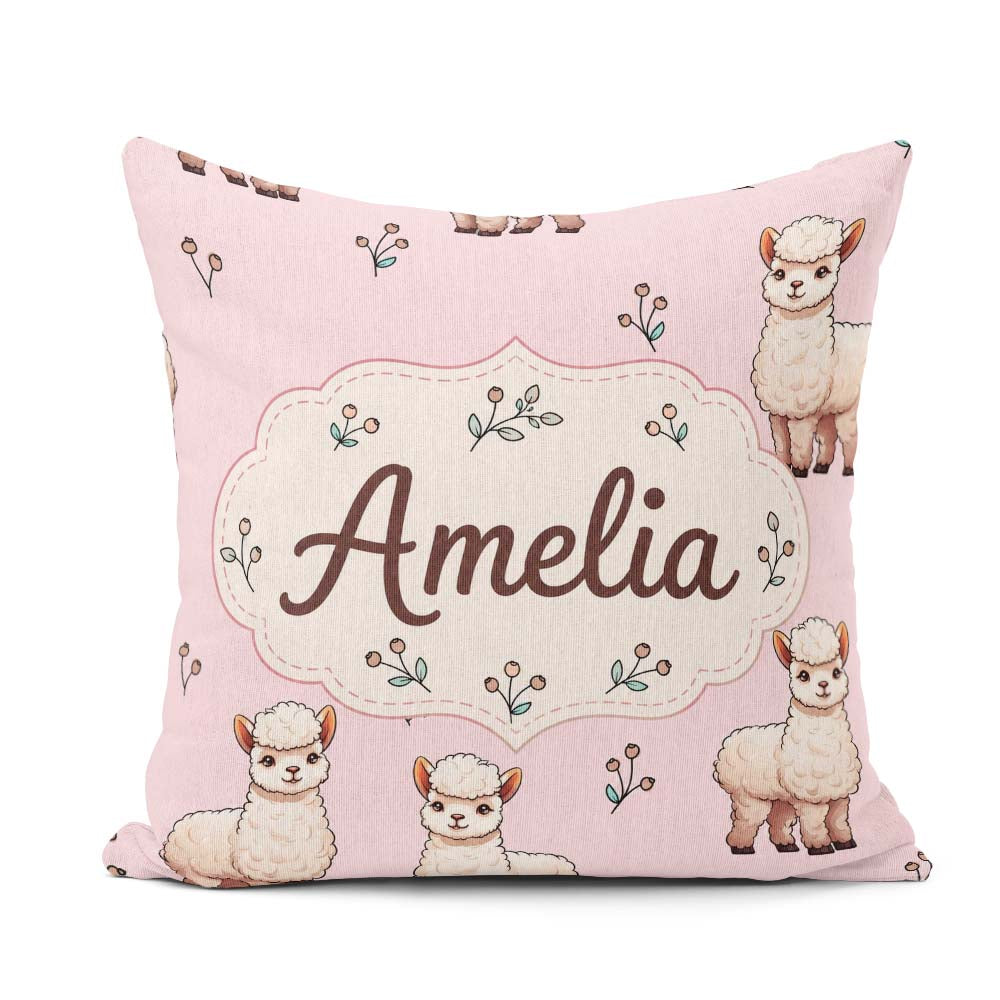 Custom Name Alpaca Llama Farm Animals Floral Seamless Blush Pink Square Filled Cushion Throw Pillow Sofa Bed Home Decor Zip Washable UK Made