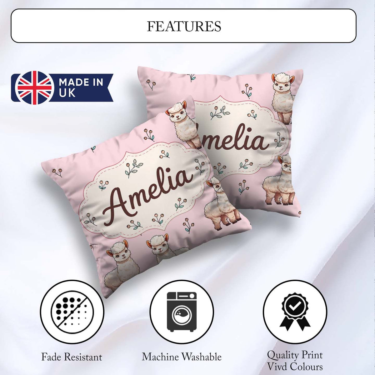 Custom Name Alpaca Llama Farm Animals Floral Seamless Blush Pink Square Filled Cushion Throw Pillow Sofa Bed Home Decor Zip Washable UK Made