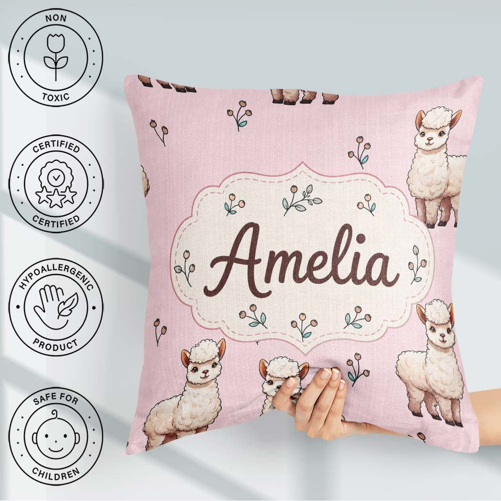 Custom Name Alpaca Llama Farm Animals Floral Seamless Blush Pink Square Filled Cushion Throw Pillow Sofa Bed Home Decor Zip Washable UK Made