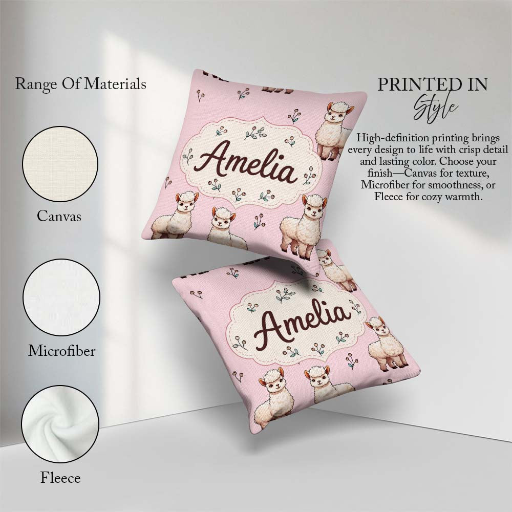 Custom Name Alpaca Llama Farm Animals Floral Seamless Blush Pink Square Filled Cushion Throw Pillow Sofa Bed Home Decor Zip Washable UK Made