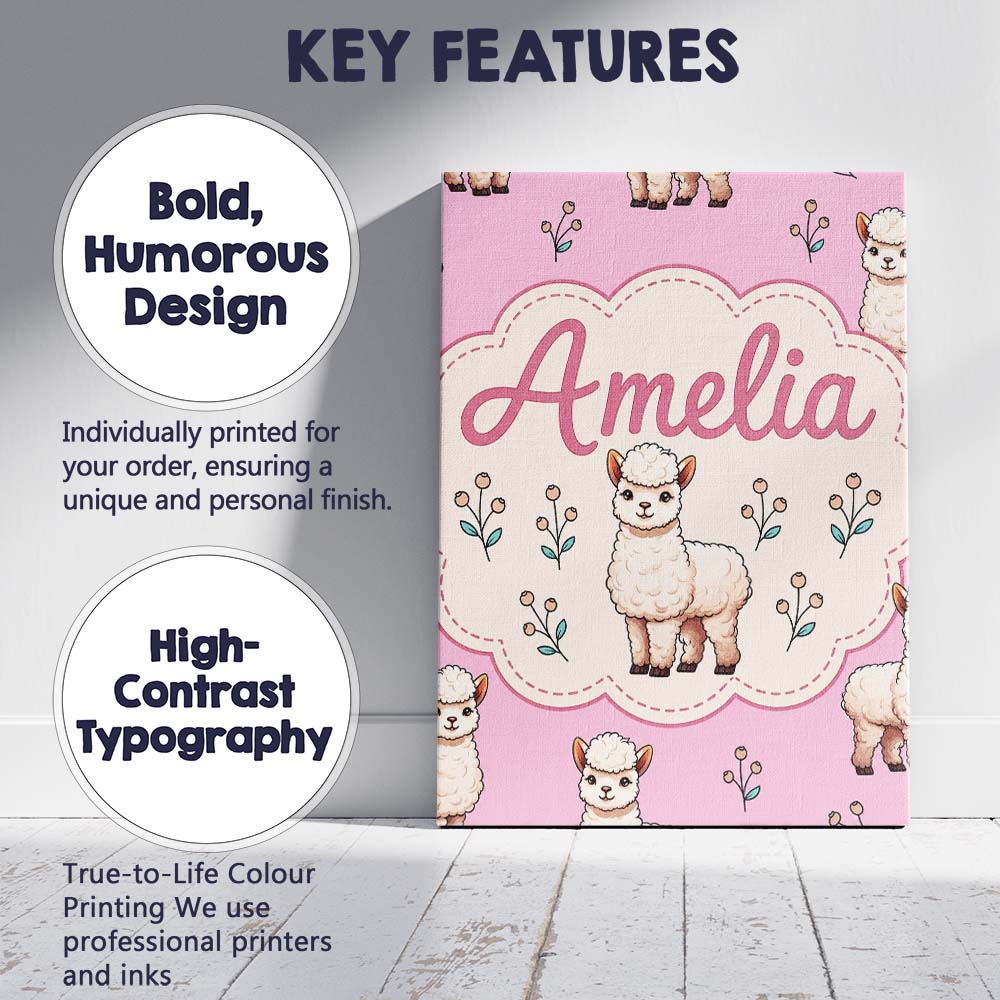 Personalised Name Cute Alpaca Llama Farm Custom  Unique Gift Idea Elegant Feature Canvas Wall Art Print Decor Picture Ready to Hang