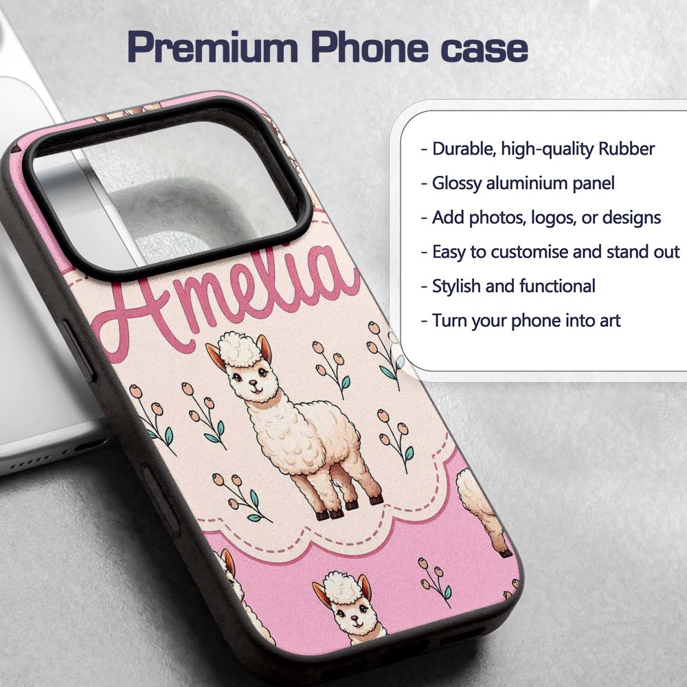 Cute Alpaca Llama Farm Animals Floral Seamless Custom Name Protective Phone Case Mobile Cover Durable Everyday Smartphone Shock Resistant