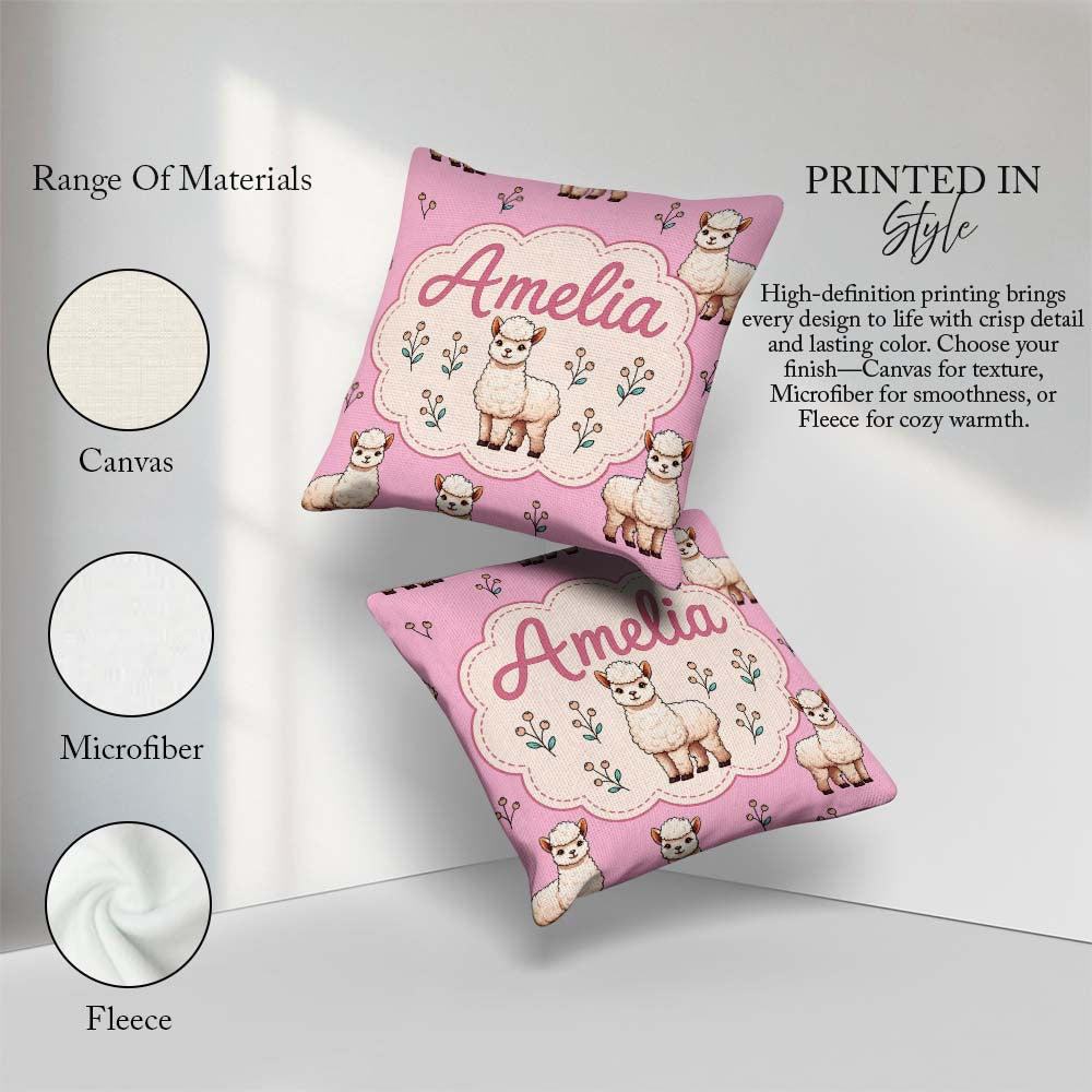 Custom Name Alpaca Llama Farm Animals Seamless Pattern Soft Pink Square Filled Cushion Throw Pillow Sofa Bed Home Decor Zip Washable UK Made