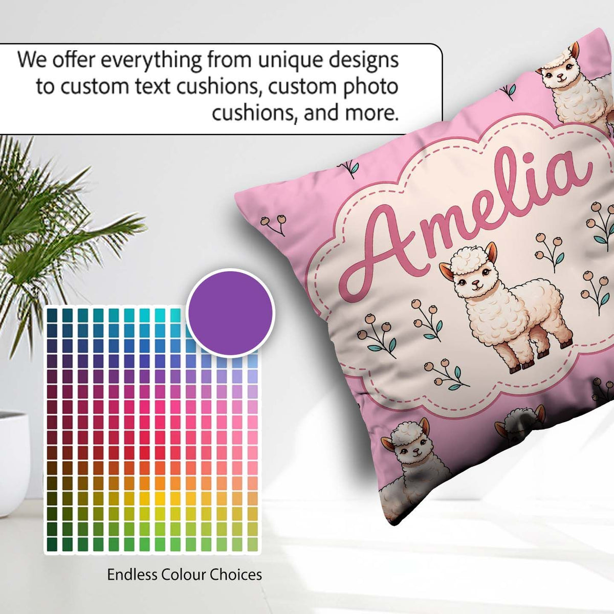 Custom Name Alpaca Llama Farm Animals Seamless Pattern Soft Pink Square Filled Cushion Throw Pillow Sofa Bed Home Decor Zip Washable UK Made