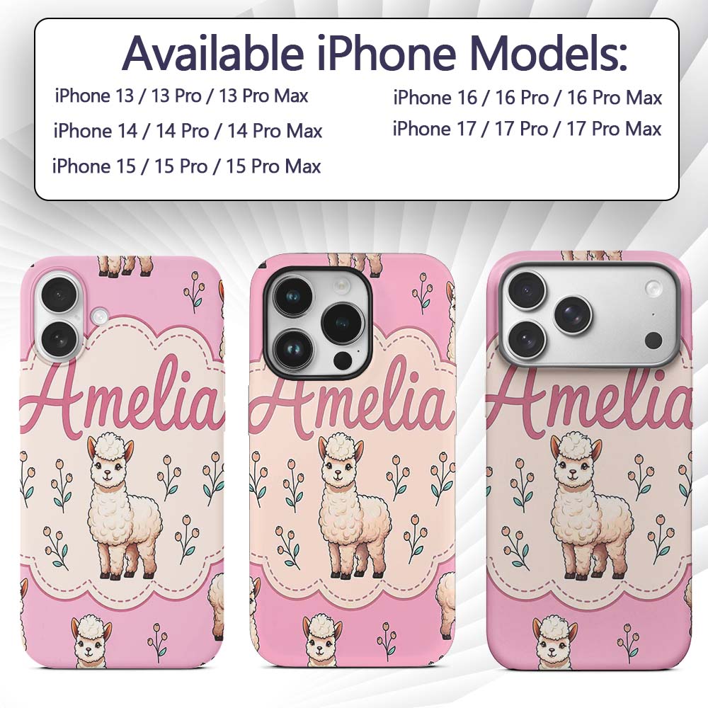 Cute Alpaca Llama Farm Animals Floral Seamless Custom Name Protective Phone Case Mobile Cover Durable Everyday Smartphone Shock Resistant